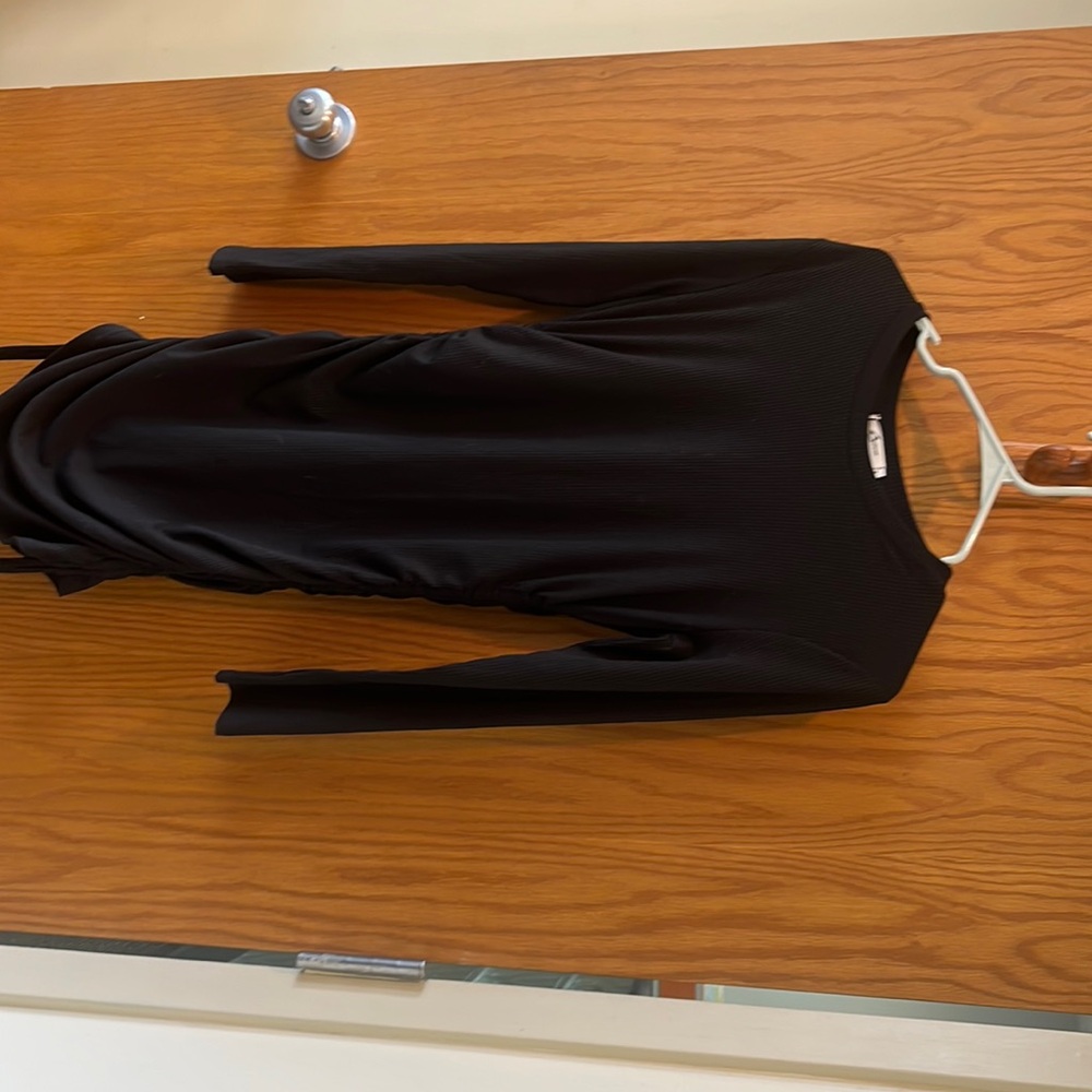 Black ribbed body con dress with side tie ruching